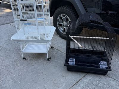 Two Bird Cages - Large White with Stand & Smaller Black Cage