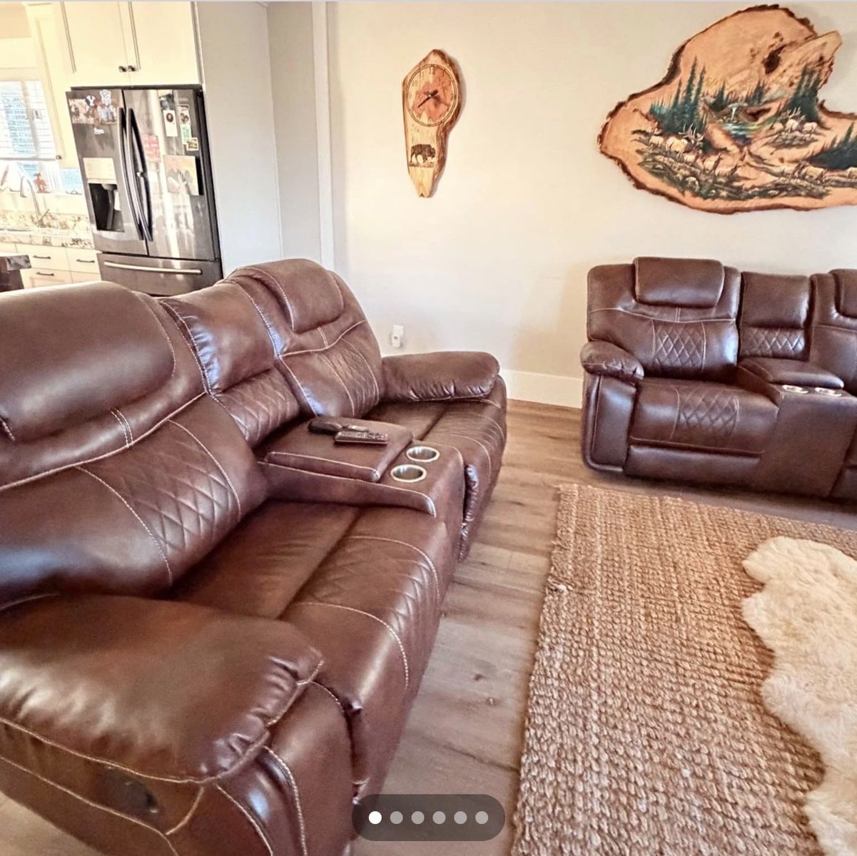 2 Brown Leather Reclining Loveseats with Center Console and Cup Holders