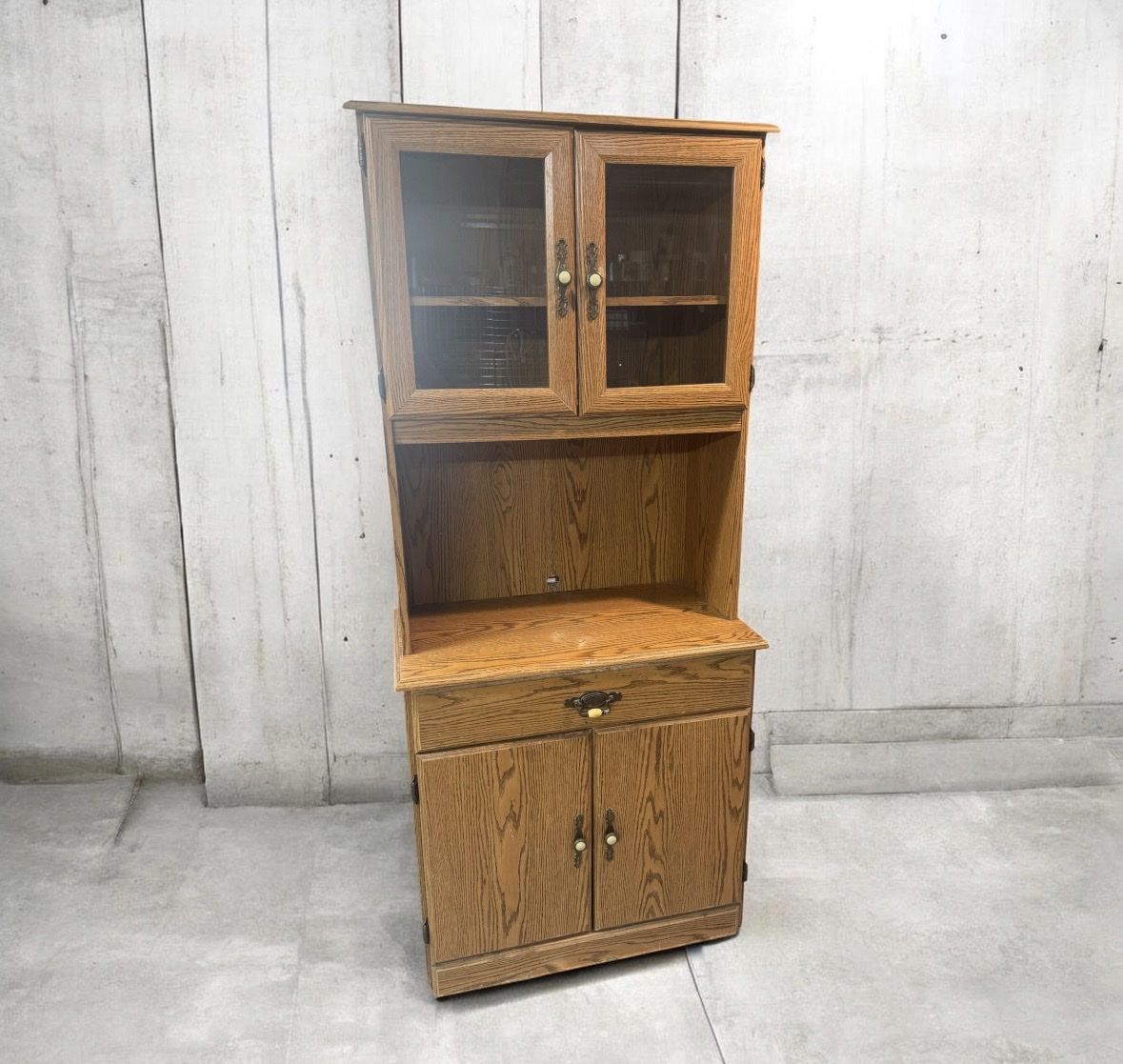 Vintage Oak Wooden Hutch Display Cabinet with Glass Doors and Storage Drawer