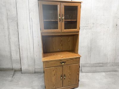 Vintage Oak Wooden Hutch Display Cabinet with Glass Doors and Storage Drawer
