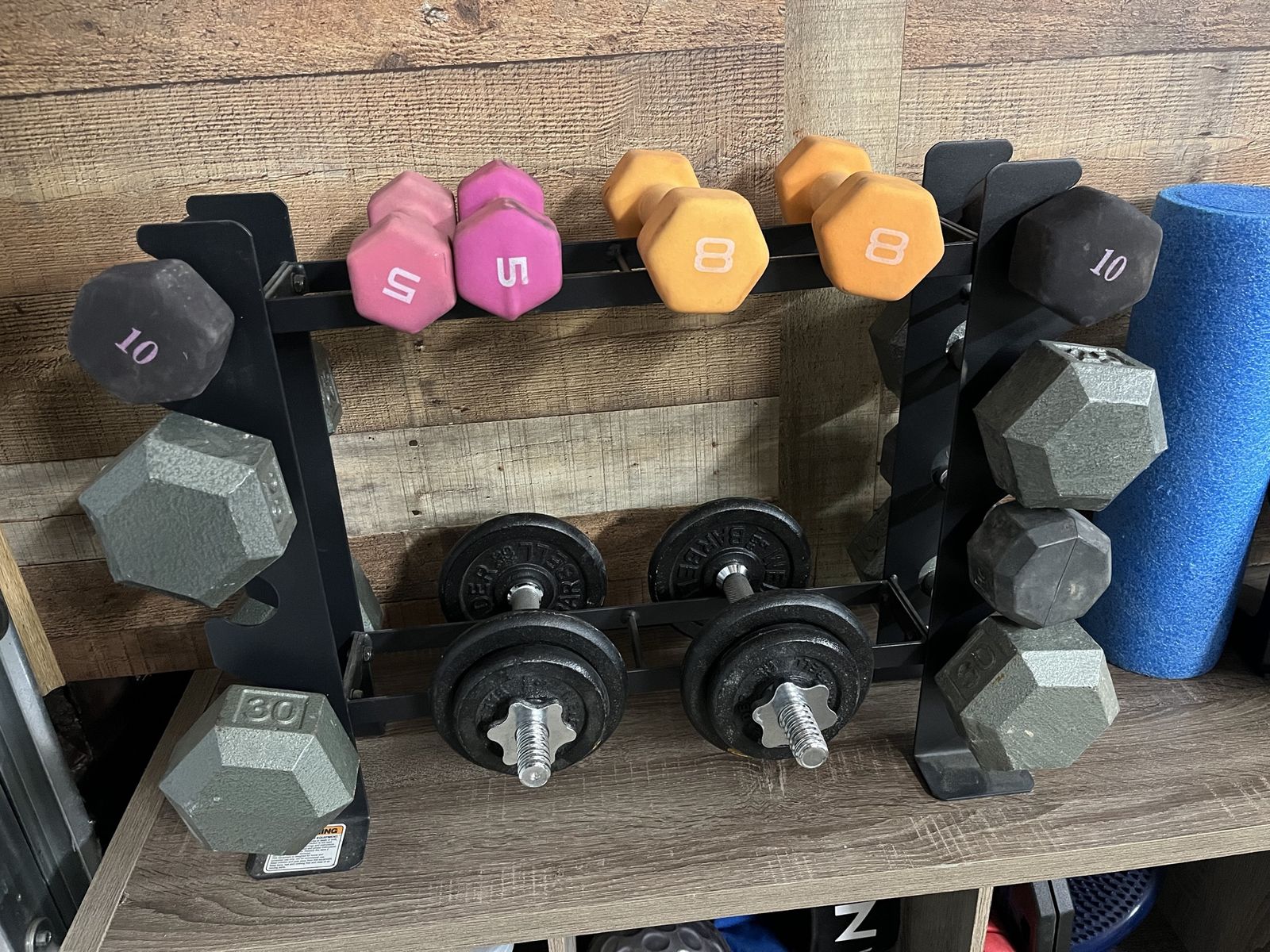 Free weights. Weight holder. Bench. Bar/weight rack.