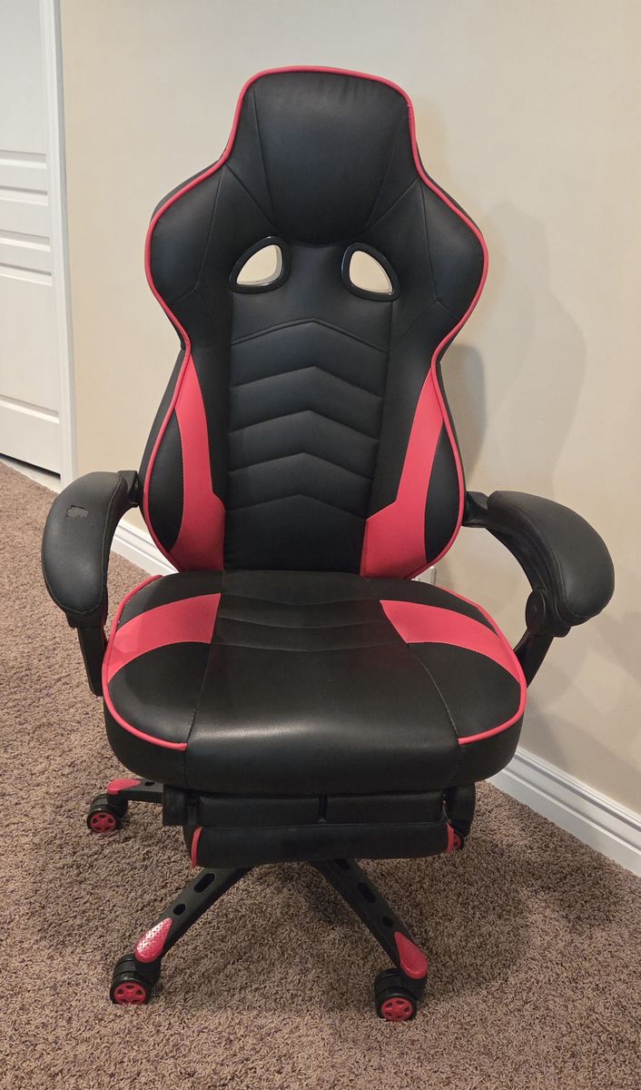 Black and Red Gaming Chair with Footrest and Lumbar Pillow