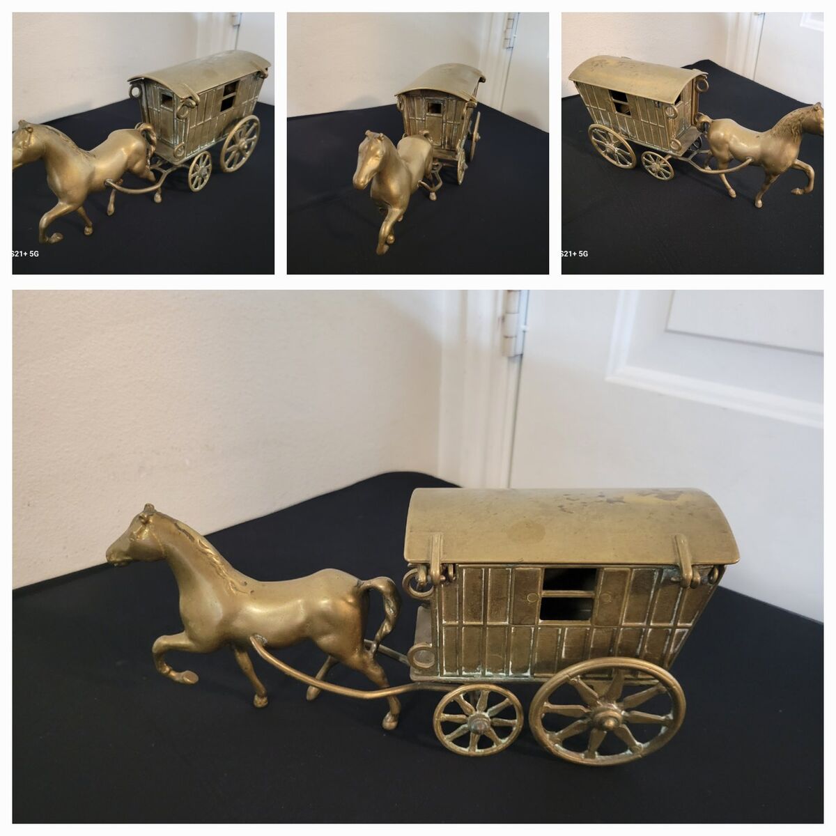 Vintage Retro Solid Brass Bronze Horse and Carriag