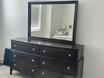 Dark Wood Dresser with Mirror - 6 Drawers, Classic Design, Good Condition