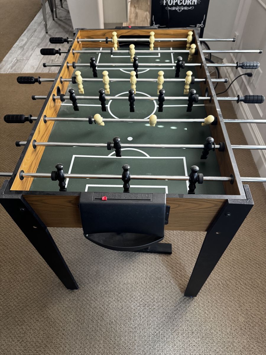 Wooden Foosball Table with Black and White Players and Manual Score Keepers