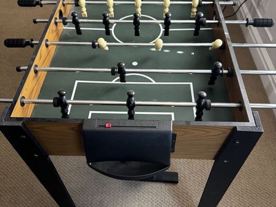 Wooden Foosball Table with Black and White Players and Manual Score Keepers