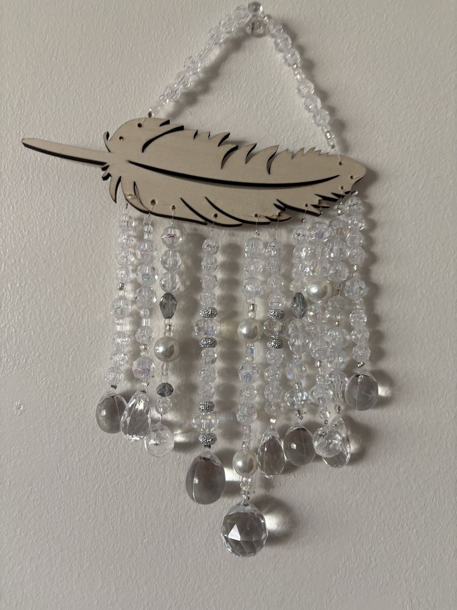 Hanging Feather Wall Decor with Clear Beads and Crystals