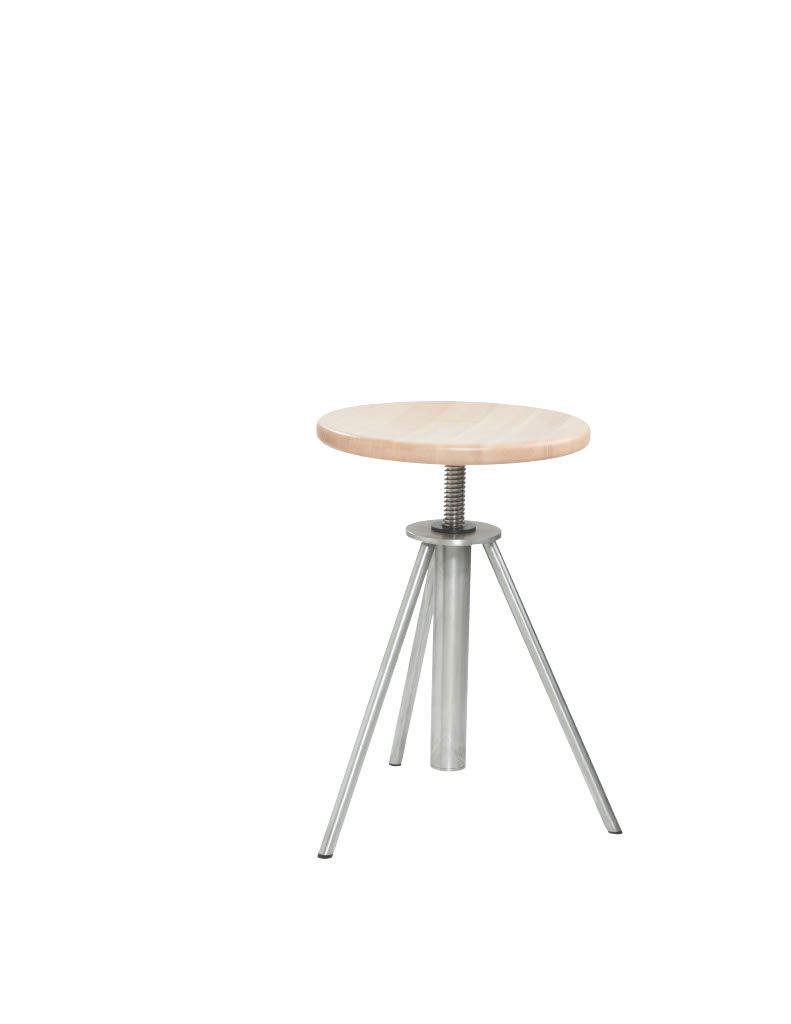 Adjustable height swivel stool, handmade, stainless steel and oak