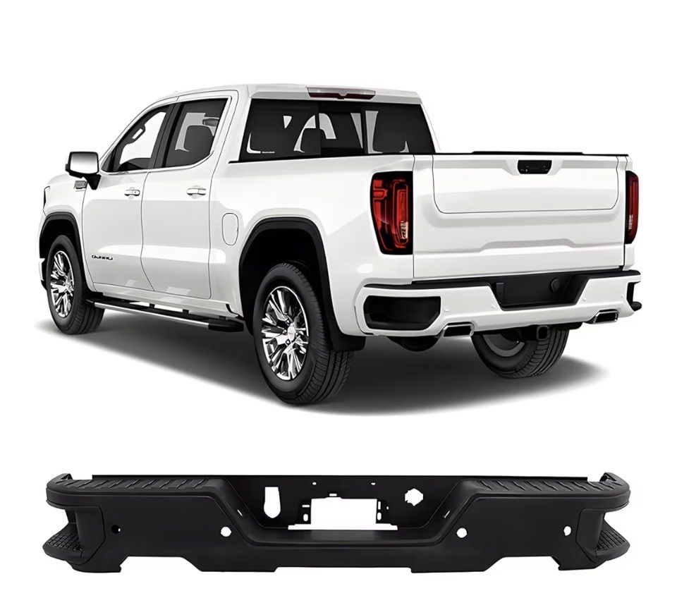 New 19-23 Chevy GMC 1500 rear black bumper with park sensor holes.