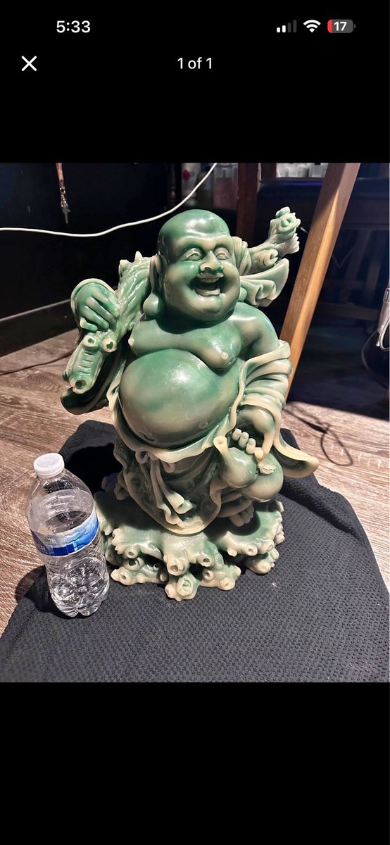 Large Green Laughing Buddha Statue - Jade Color Resin Home Decor Figure