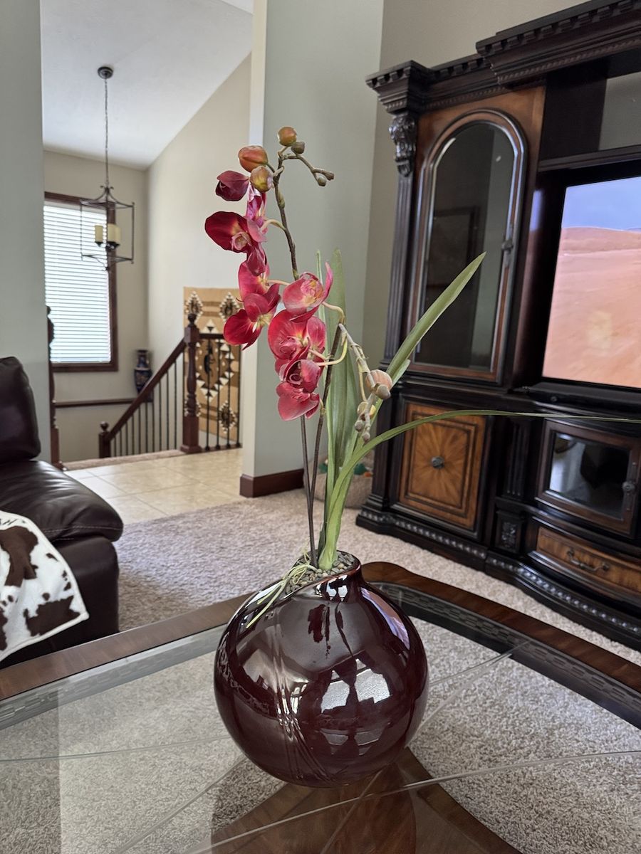 Artificial Red Orchid Arrangement in Glossy Burgundy Vase