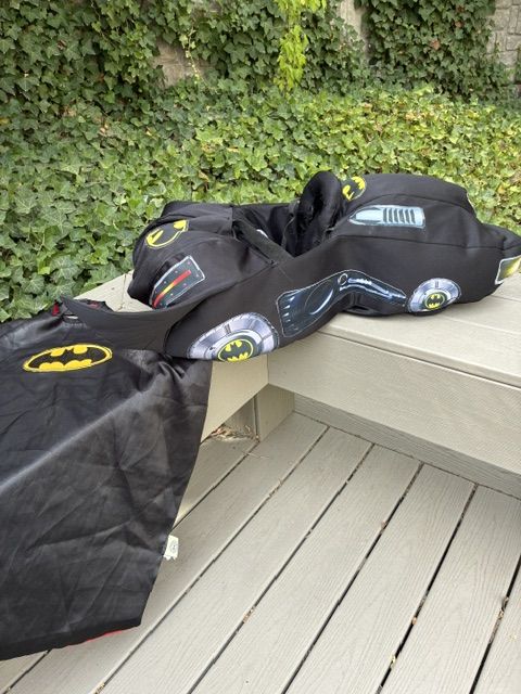 BATMAN BATMOBILE Step-in Toddler CAR  w/Reversible Batman/Superman CAPE     $40