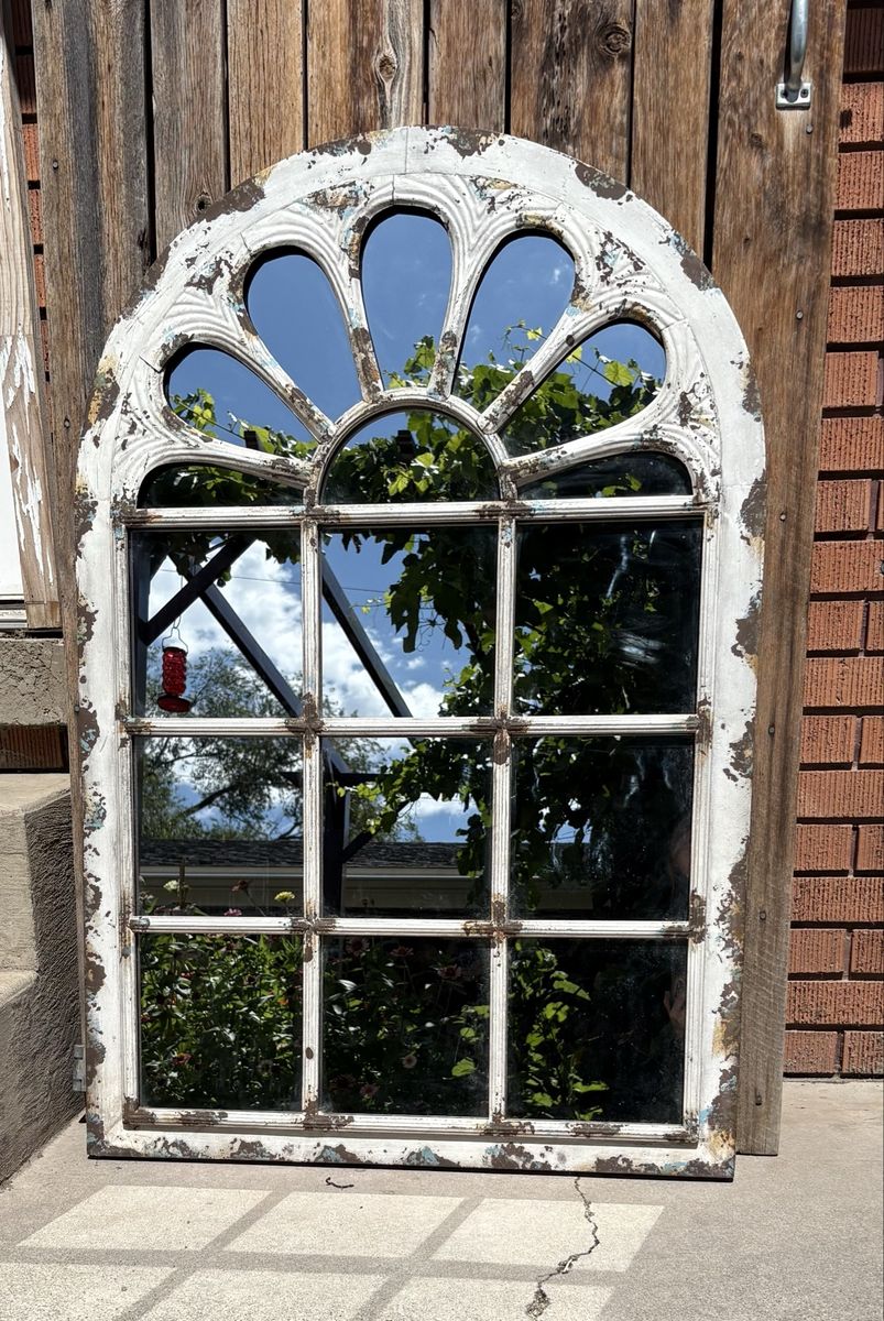 Large Arched Windowpane Mirror – Distressed Farmhouse Style