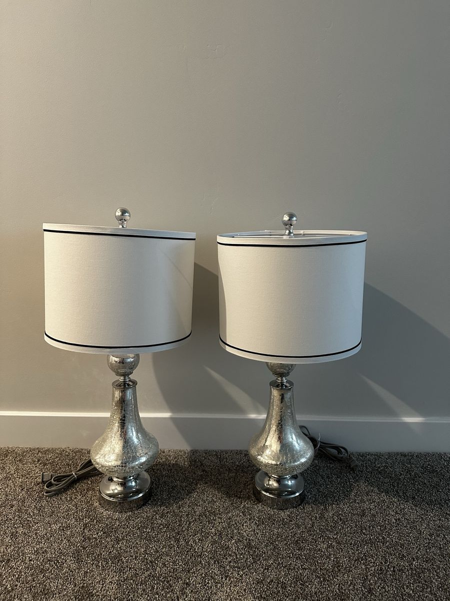 Pair of Mirrored Mercury Glass Table Lamps with White Shades and Black Trim