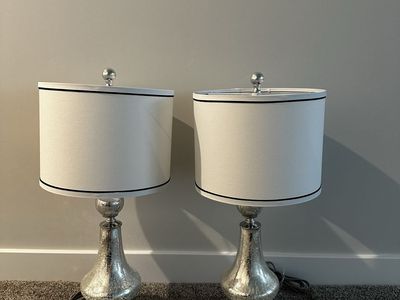 Pair of Mirrored Mercury Glass Table Lamps with White Shades and Black Trim
