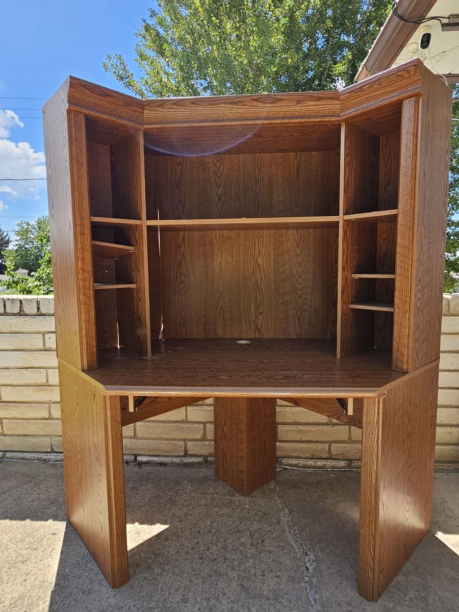 Oak Corner Computer Desk with Shelves - Compact Home Office Furniture
