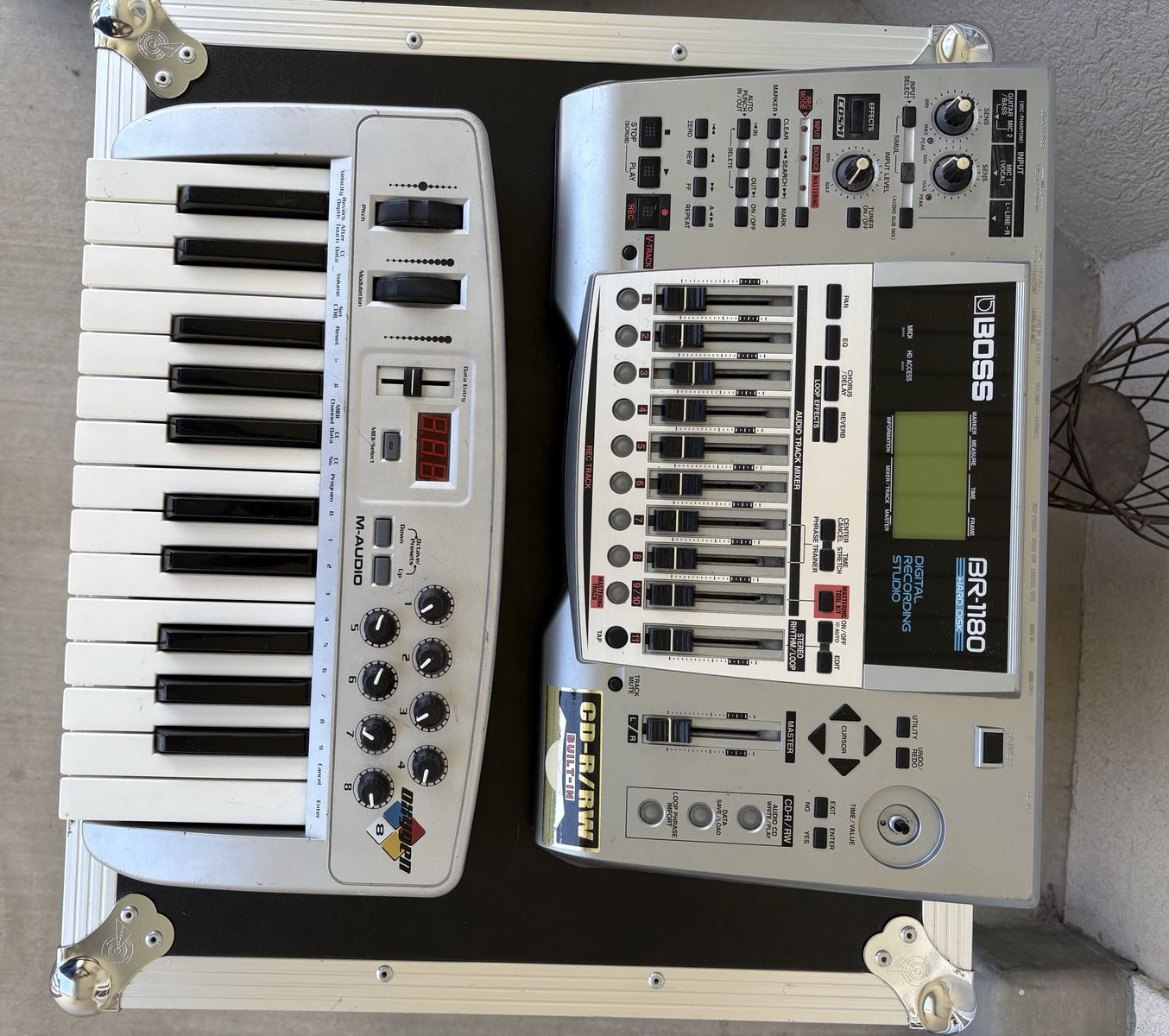 Guitar Amplifier, Road Case w/ Eurorack Mixer, Oxygen 8 Keyboard, Boss Recorder, 2 Speakers