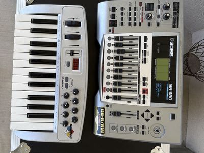 Guitar Amplifier, Road Case w/ Eurorack Mixer, Oxygen 8 Keyboard, Boss Recorder, 2 Speakers