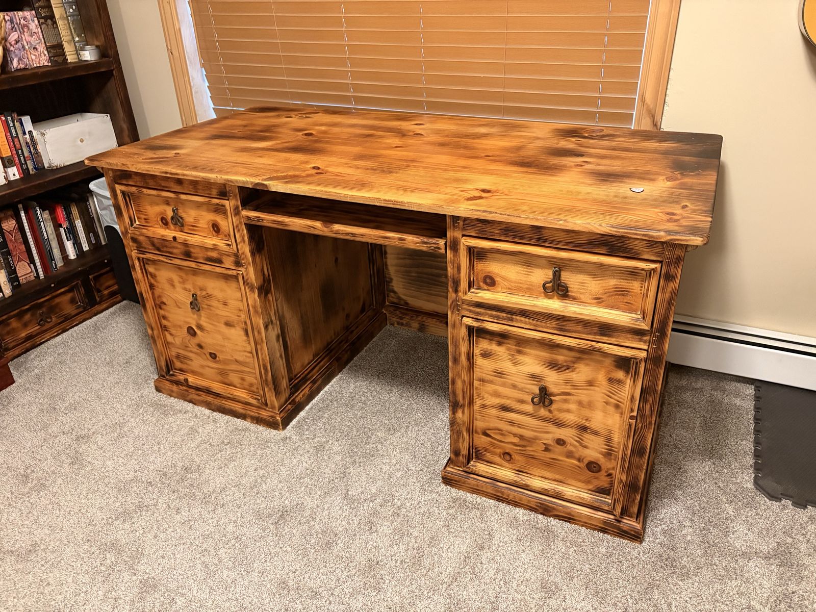 Solid Rustic Torched Wood Executive Desk with Storage Drawers & Keyboard Tray