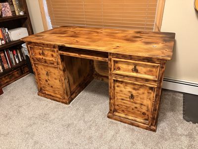 Solid Rustic Torched Wood Executive Desk with Storage Drawers & Keyboard Tray