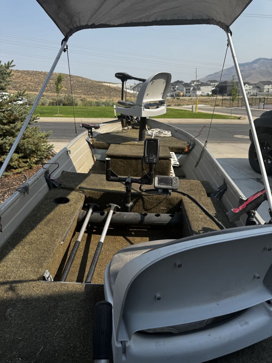 Aluminum Fishing Boat with Trailer, Fish Finders, Swivel Seats & Bimini Top