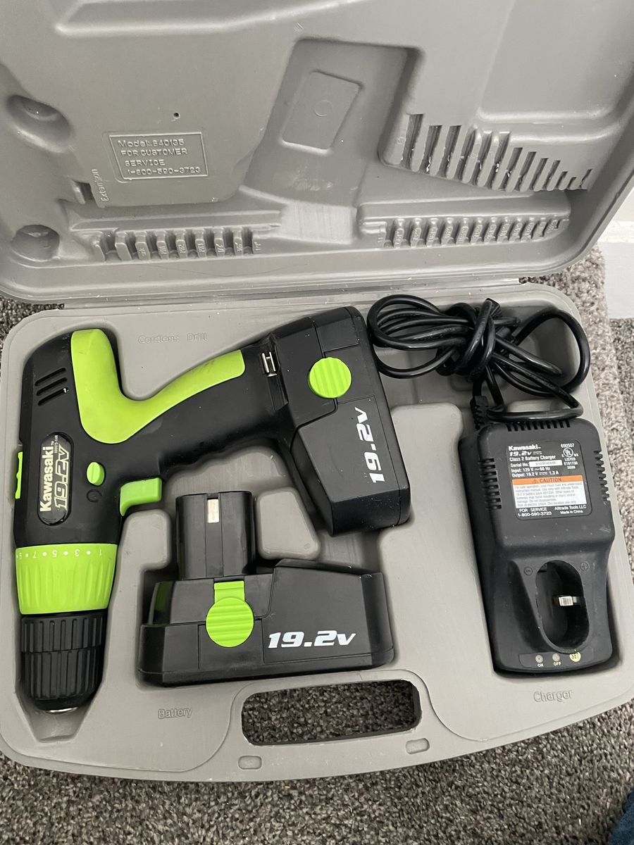 Kawasaki 19.2V Cordless Drill Kit with 2 Batteries, Charger, and Hard Carrying Case