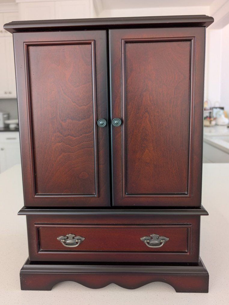 Wooden Jewelry Armoire Box with Burgundy Velvet Lining and Multiple Drawers