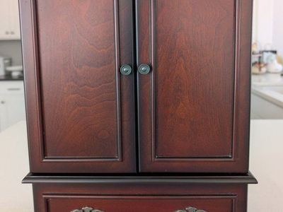 Wooden Jewelry Armoire Box with Burgundy Velvet Lining and Multiple Drawers