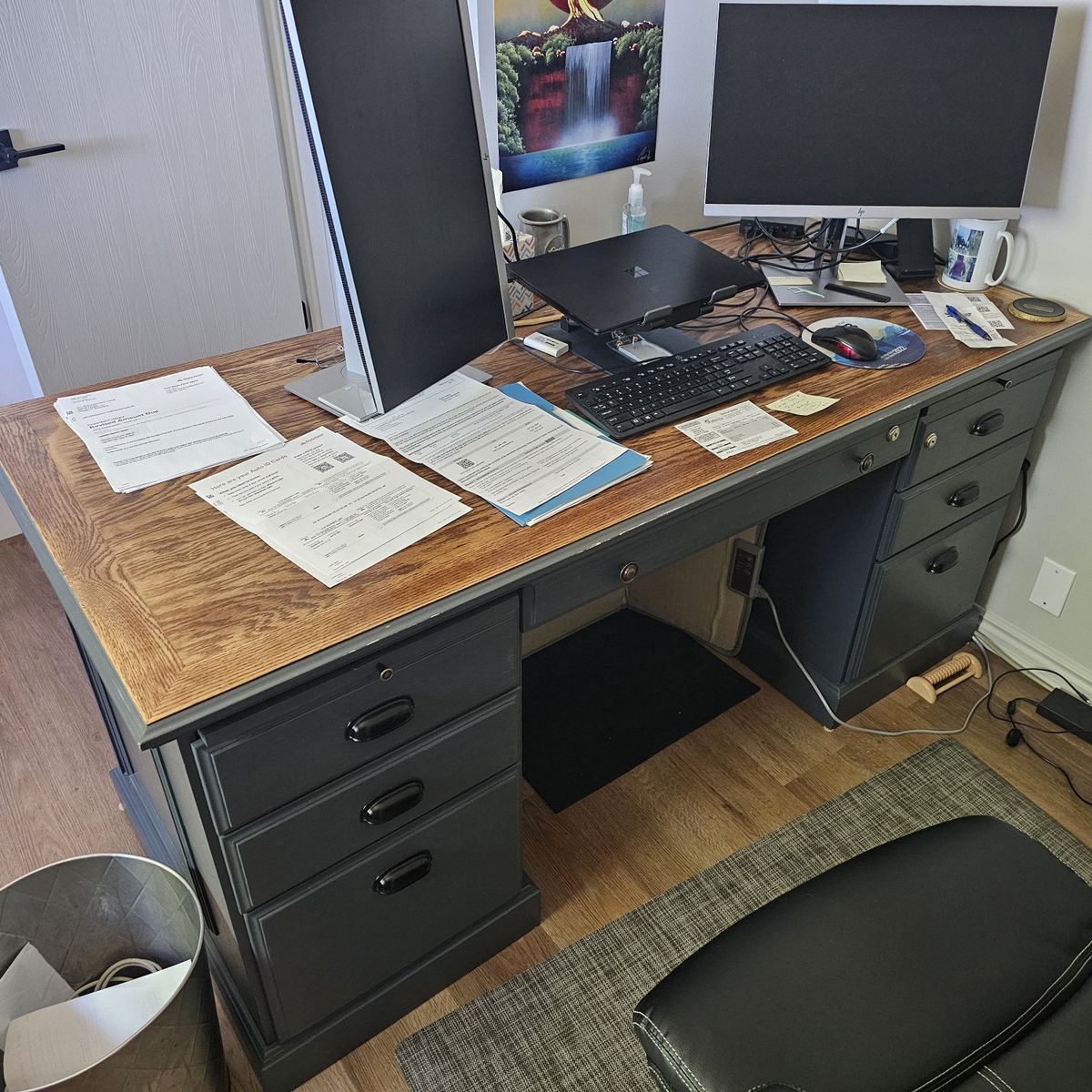 Large Wooden Office Desk - Dark Gray with Wood Grain Top & Multiple Drawers