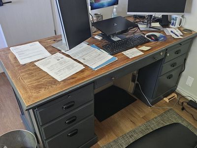Large Wooden Office Desk - Dark Gray with Wood Grain Top & Multiple Drawers