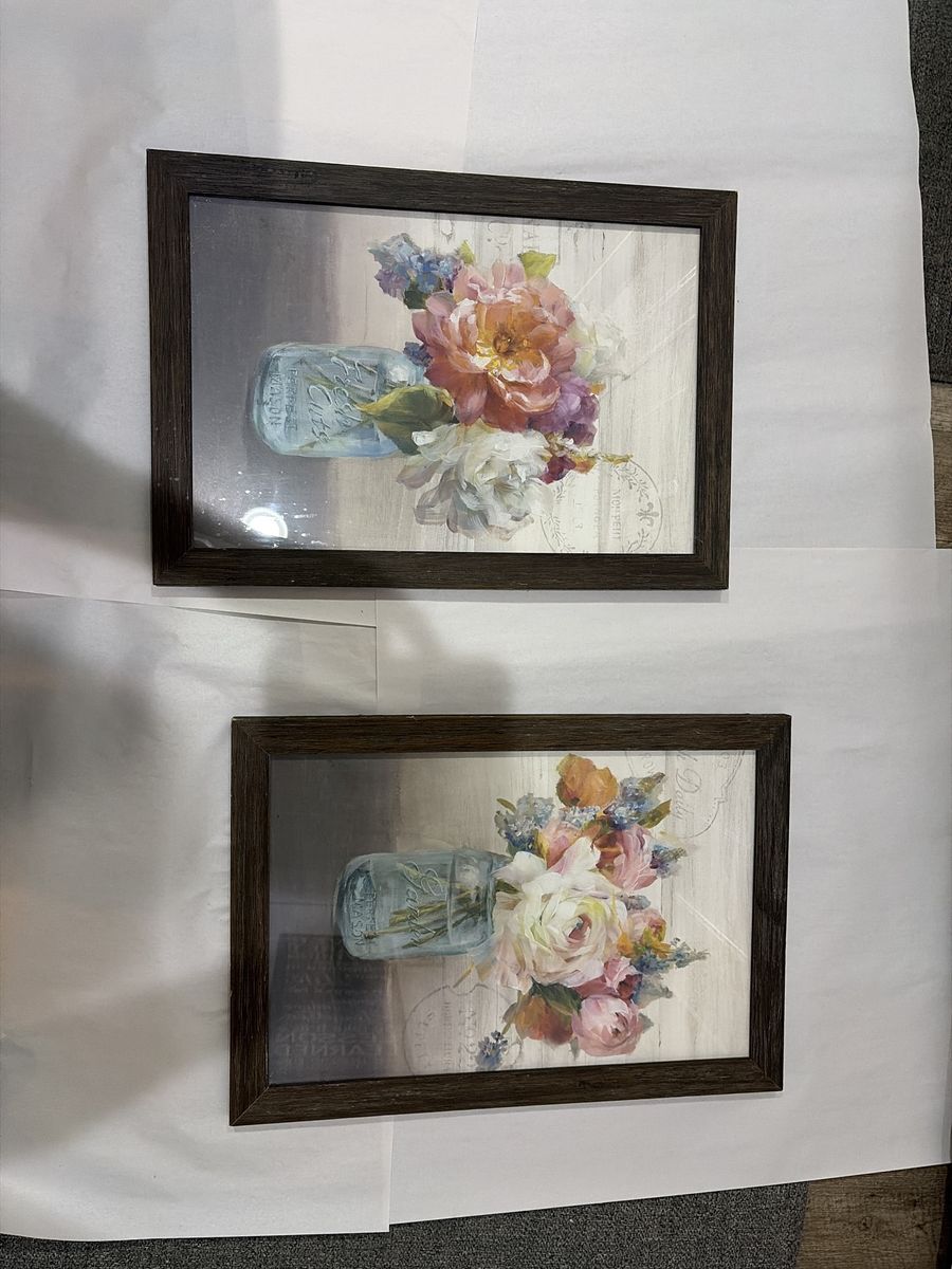 Framed Floral Wall Art Prints Set of 2 - Mason Jar Bouquet Artwork