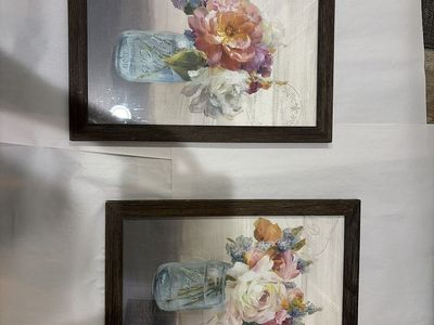 Framed Floral Wall Art Prints Set of 2 - Mason Jar Bouquet Artwork