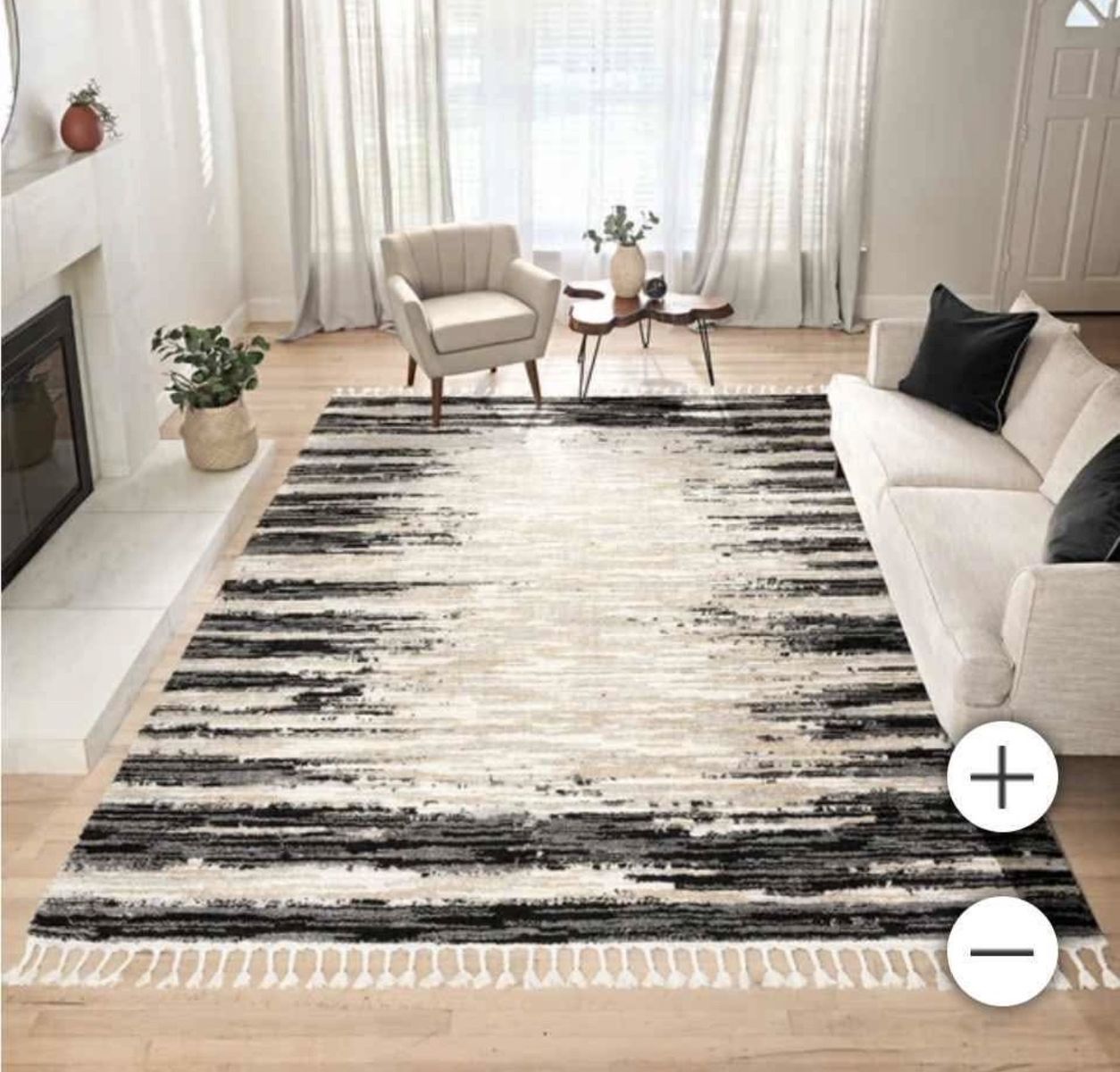 New 9x13 Abstract Cream/Black Striped Area Rug with Tassels - Modern Home Decor