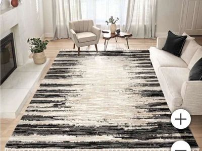 New 9x13 Abstract Cream/Black Striped Area Rug with Tassels - Modern Home Decor