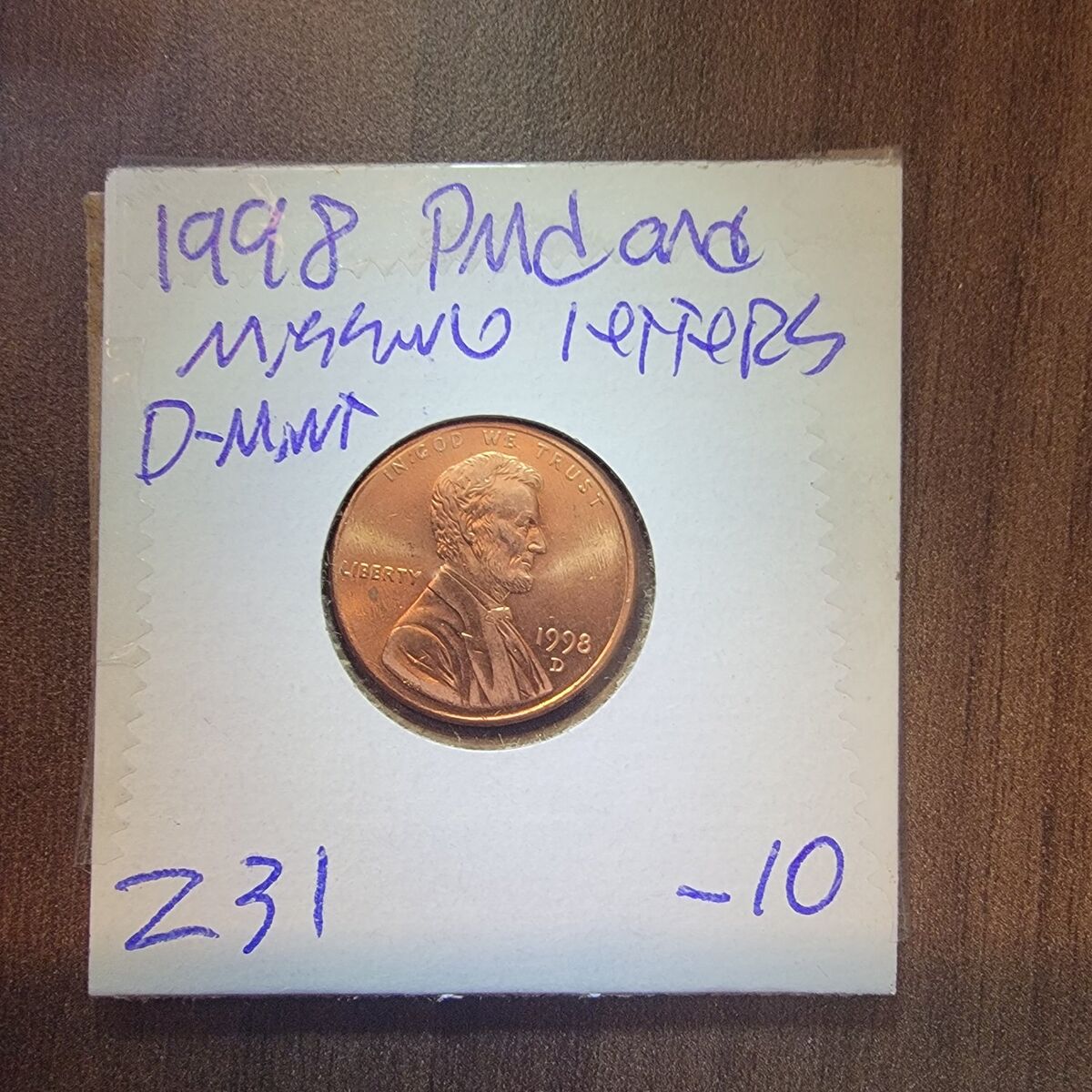 1998 penny, defect.