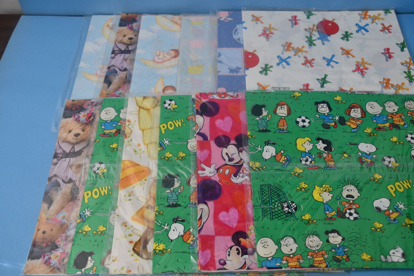 12 NEW, SEALED VINTAGE WRAPPING PAPER ~ MICKEY MOUSE, TEDDY BEARS, PAPER DOLLS, JACKS, SNOOPY, BABY....~SCRAPBOOKING