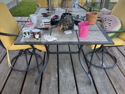 Outdoor Patio Dining Set with 4 Swivel Chairs - Square Tile Top Table & Yellow Cushions
