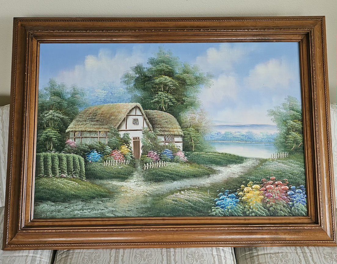 Vintage Framed Cottagecore Landscape Print on Canvas  - Thatch-Roof House, Lakeside View, Garden Art 
Wooden Frame 43"×31"