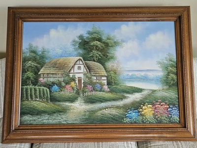 Vintage Framed Cottagecore Landscape Print on Canvas - Thatch-Roof House, Lakeside View, Garden Art
Wooden Frame 43"×31"