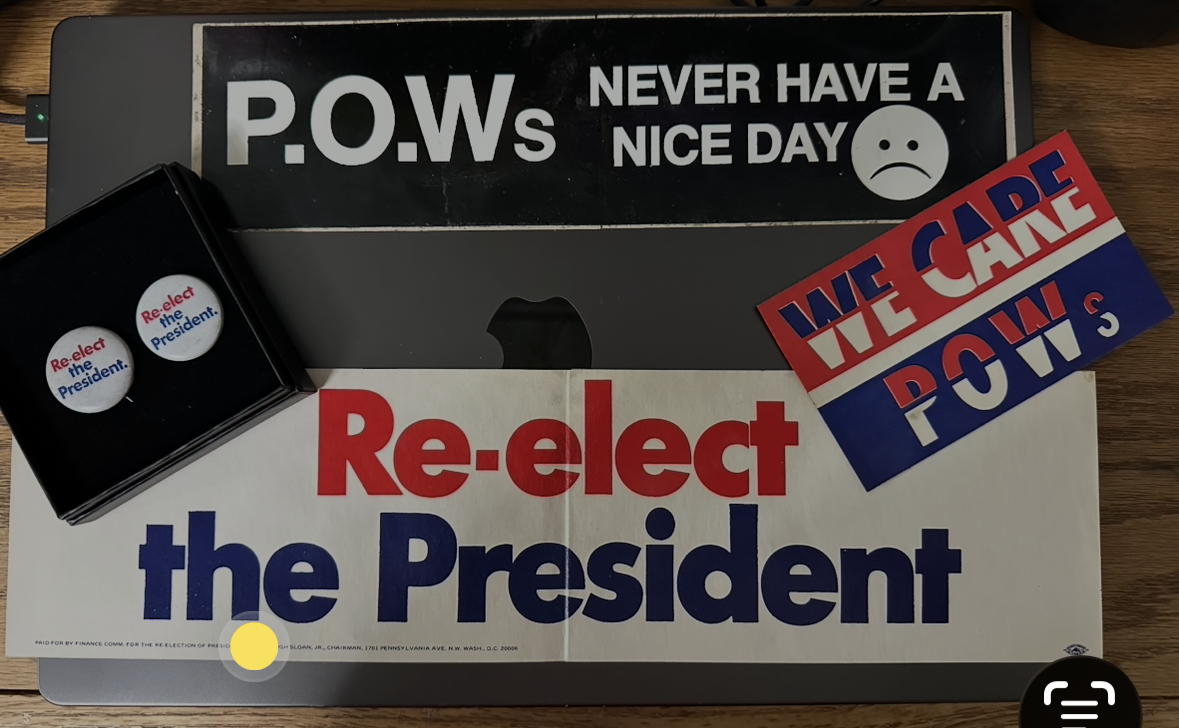 Vintage 1972 Nixon & POW Button and Sticker Bundle