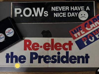 Vintage 1972 Nixon & POW Button and Sticker Bundle