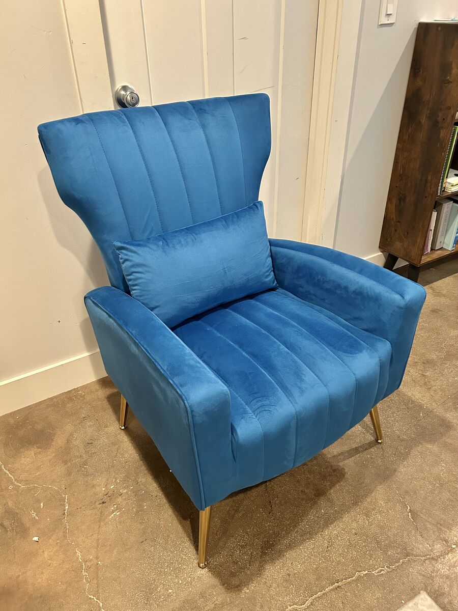 New Blue Velvet Wingback Accent Chair Gold Legs Pillow