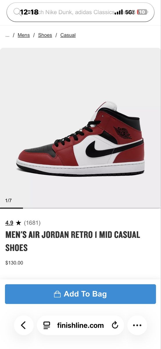 Nike Air Jordan Retro 1 Mid Casual Shoes - Red, Black, White - Men's