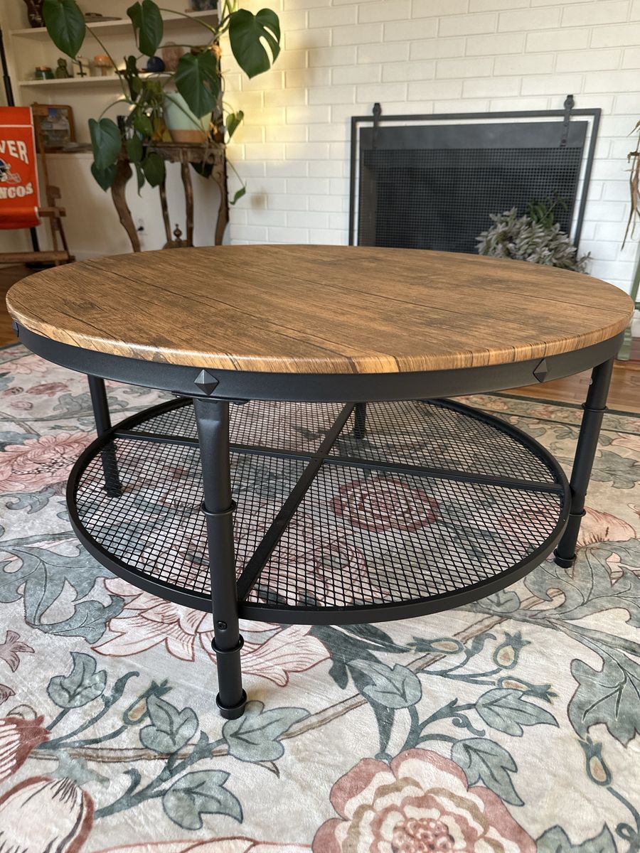 Round Wood Top Coffee Table Industrial Style Metal Frame Storage Shelf Rustic Brown