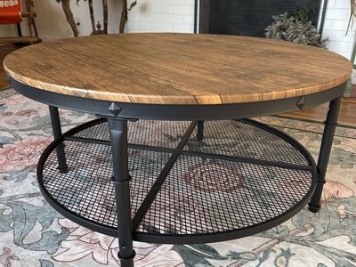 Round Wood Top Coffee Table Industrial Style Metal Frame Storage Shelf Rustic Brown