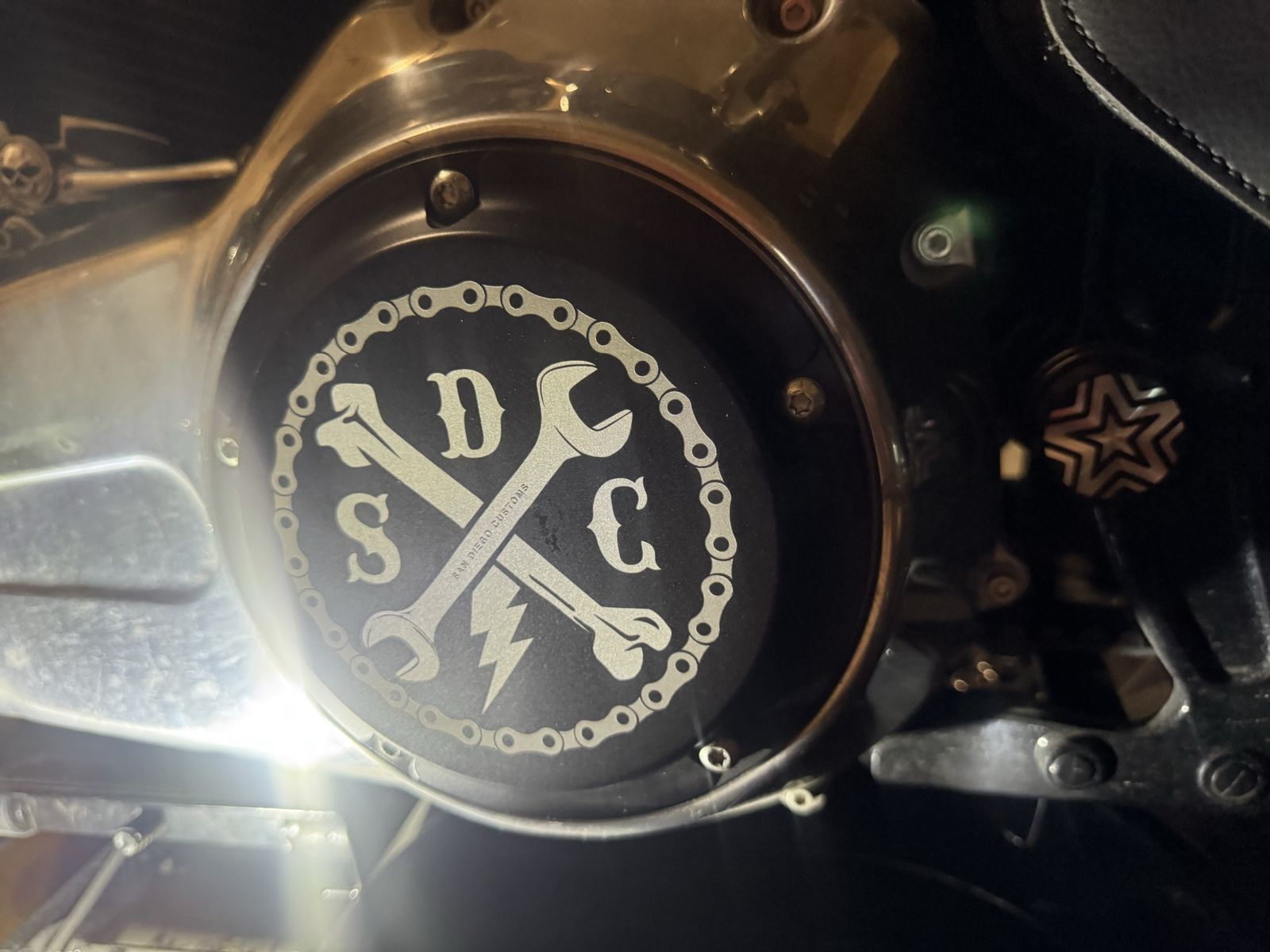 San Diego Customs SDC Derby Cover - Black Anodized Harley twin cam