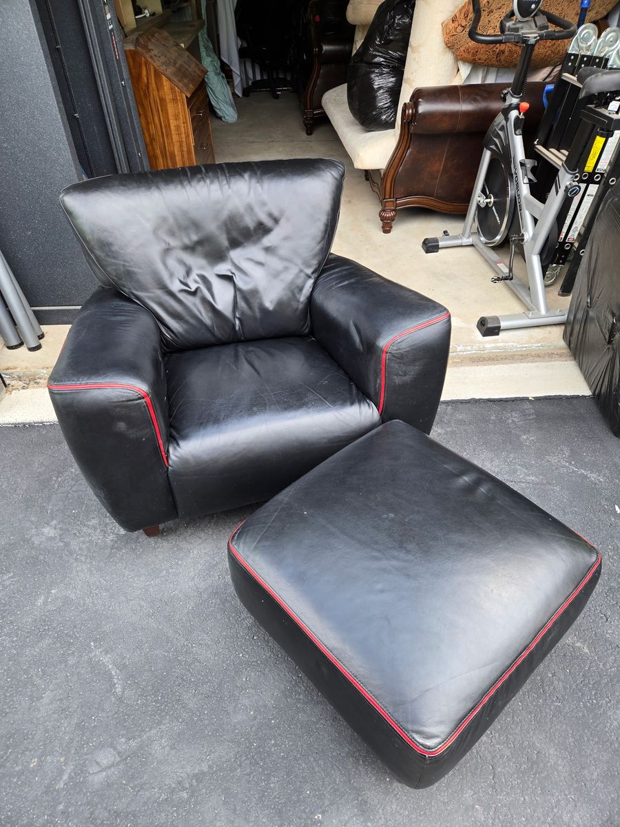 Black Leather Club Chair with Ottoman