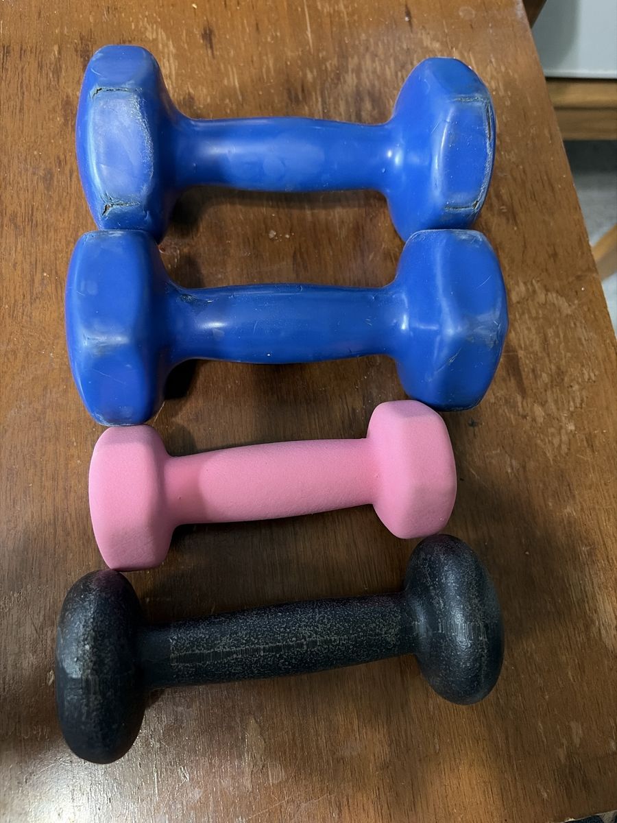 Used Dumbbells Set: 2x Blue, 1x Pink, 1x Black - Various Weights, Good for Home Workouts