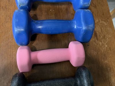 Used Dumbbells Set: 2x Blue, 1x Pink, 1x Black - Various Weights, Good for Home Workouts