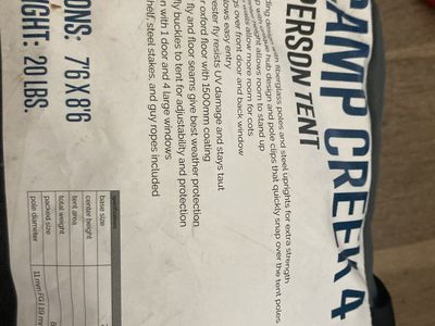 Camp Creek 4-Person Tent & Coleman Hybrid Sleeping Bag 2 other sleeping bags . 4 military pads, cooler, 2 tarp Cotopax pack
